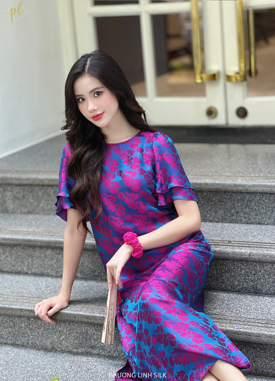 VÁY LỤA TAY BỒNG 2 TẦNG XANH HỒNG
