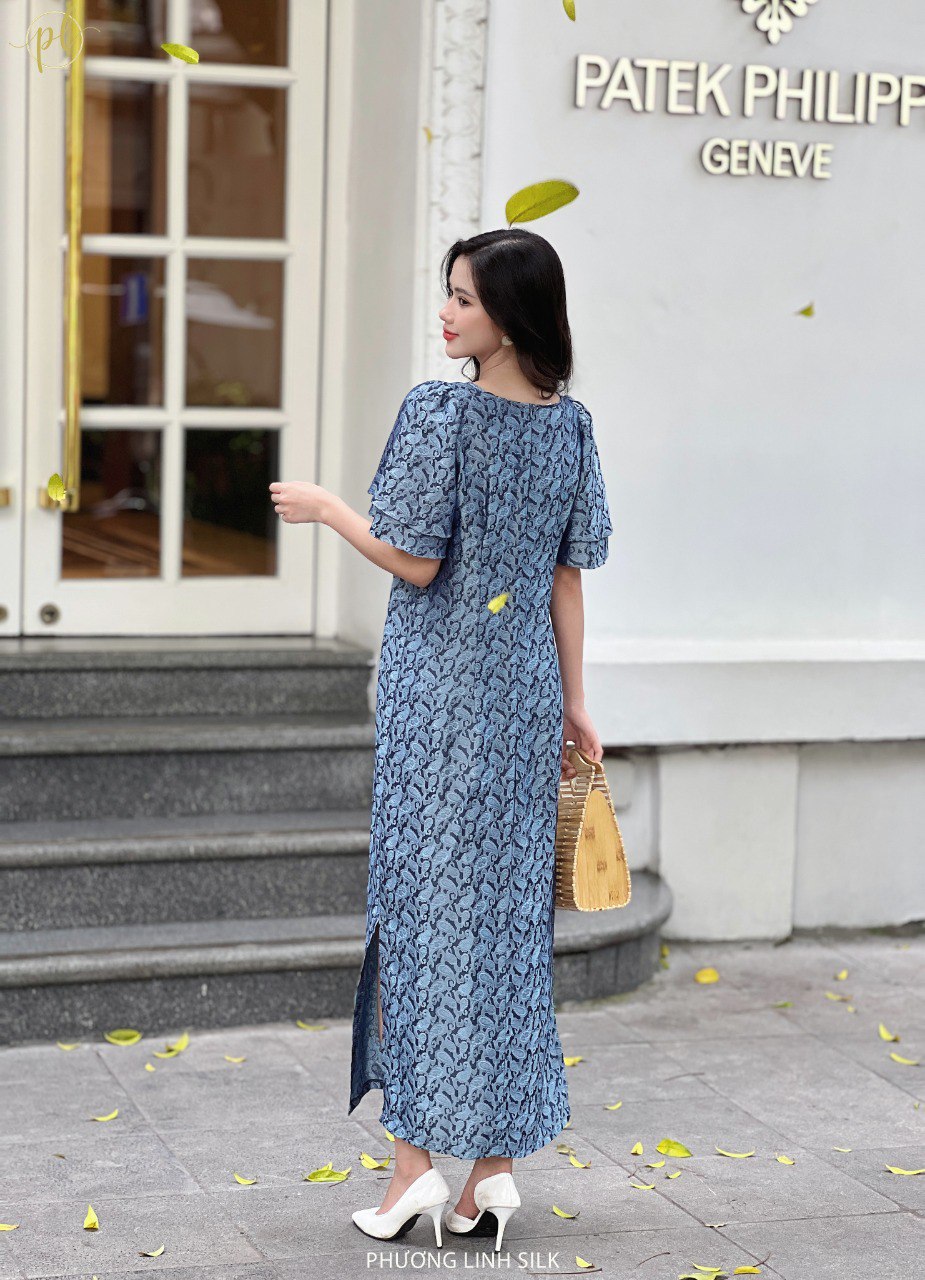 VÁY LỤA TAY BỒNG 2 TẦNG CÔNG GHI