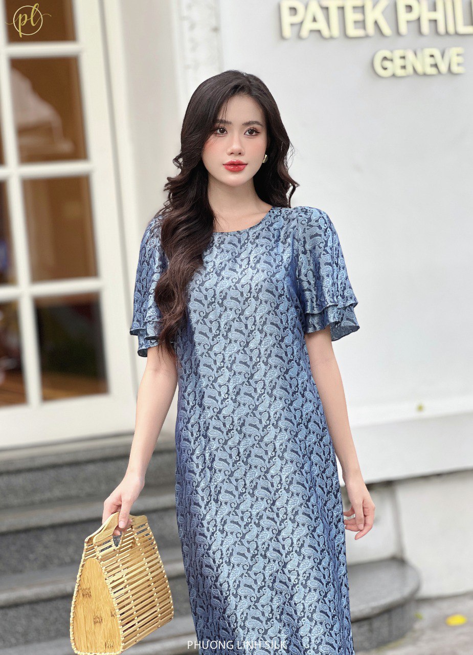 VÁY LỤA TAY BỒNG 2 TẦNG CÔNG GHI