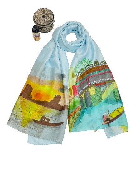 KHĂN LỤA VẼ MÀU NƯỚC NGHỆ THUẬT ĐỘC BẢN 100% TƠ TẰM PHONG CẢNH VIỆT NAM