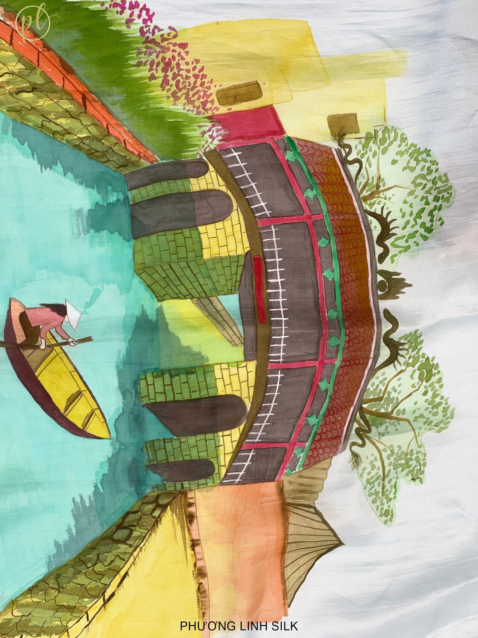KHĂN LỤA VẼ MÀU NƯỚC NGHỆ THUẬT ĐỘC BẢN 100% TƠ TẰM PHONG CẢNH VIỆT NAM