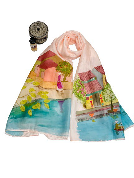 KHĂN LỤA VẼ MÀU NƯỚC NGHỆ THUẬT ĐỘC BẢN 100% TƠ TẰM PHONG CẢNH VIỆT NAM