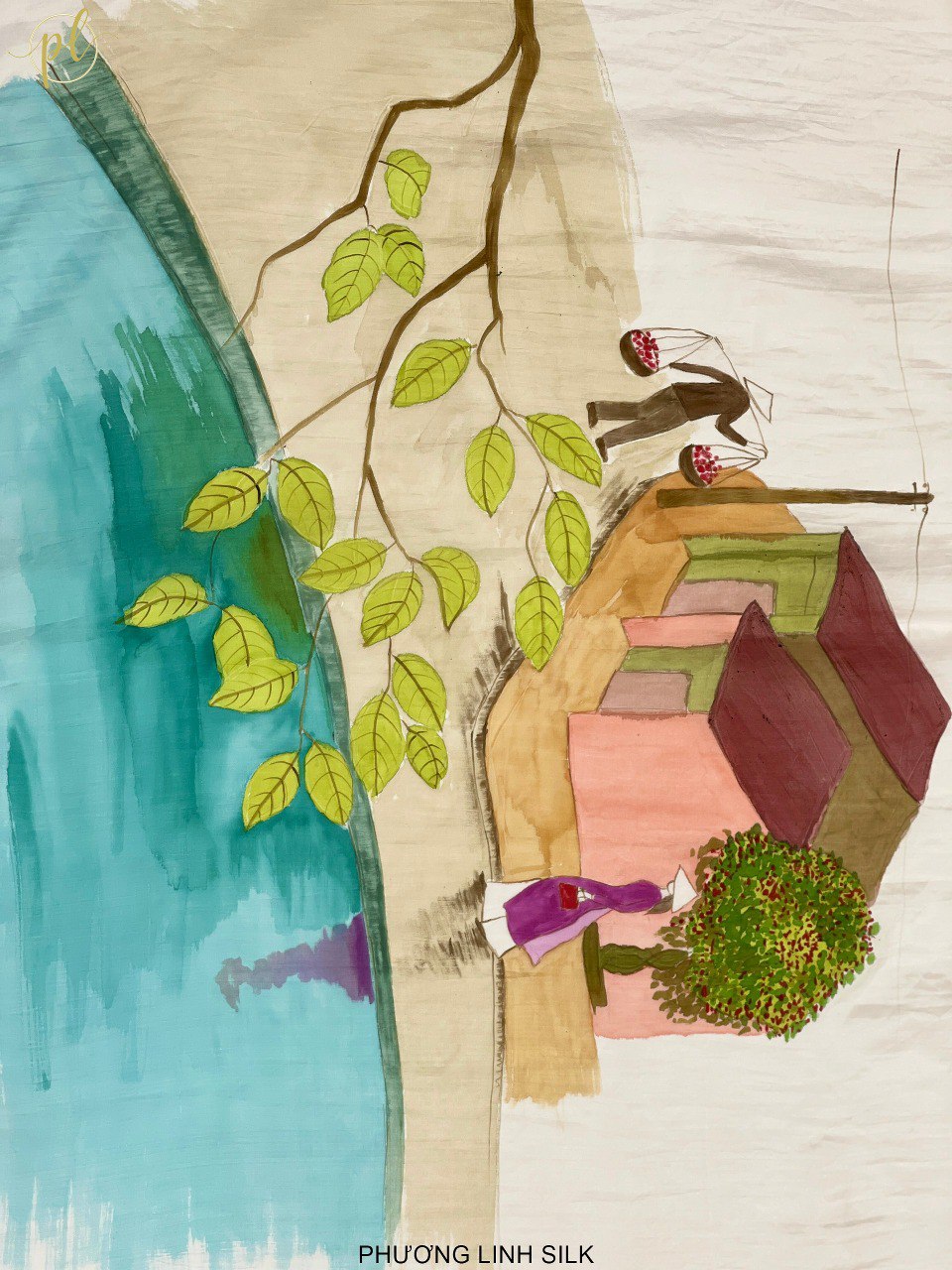 KHĂN LỤA VẼ MÀU NƯỚC NGHỆ THUẬT ĐỘC BẢN 100% TƠ TẰM PHONG CẢNH VIỆT NAM