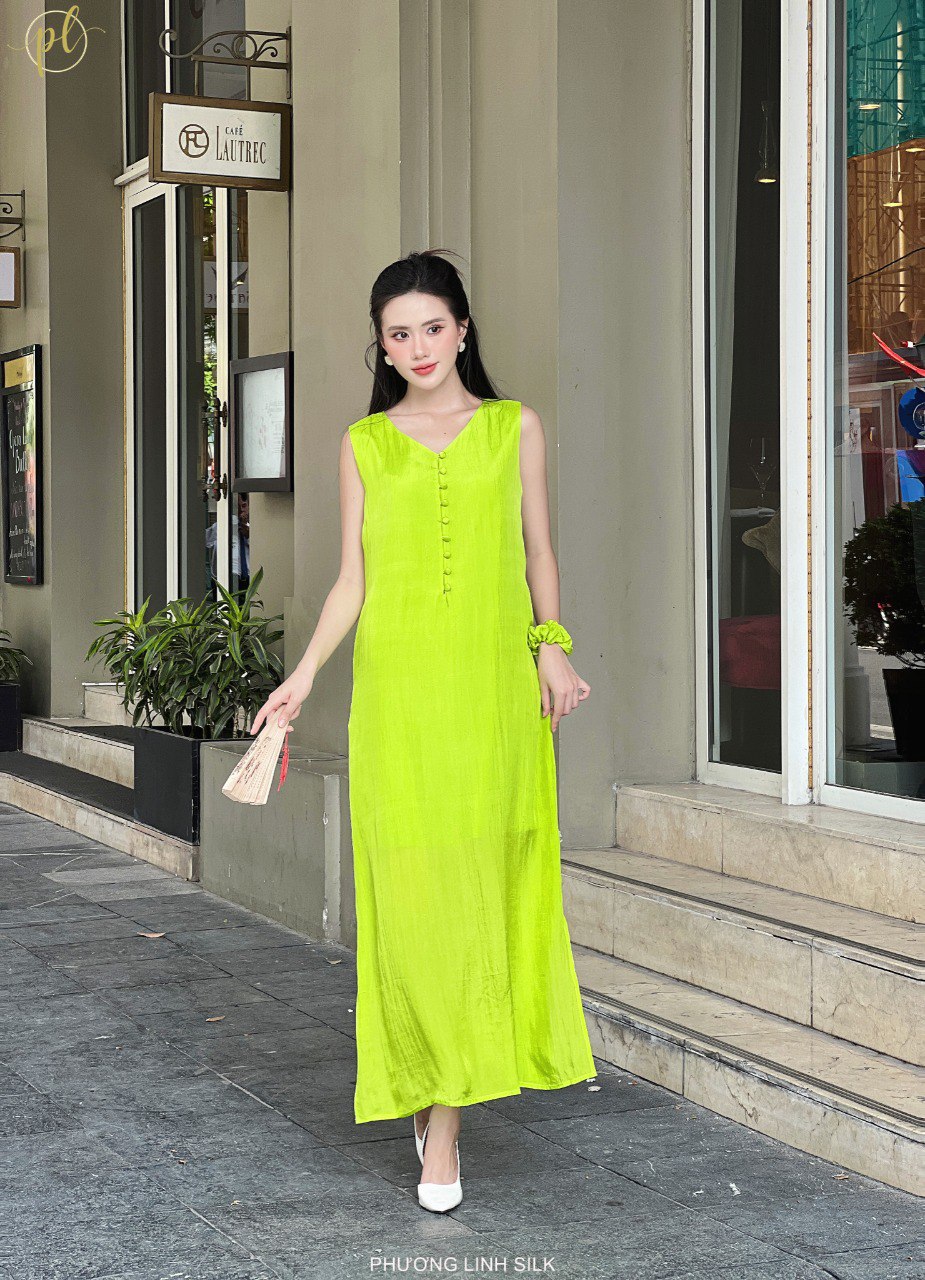 VÁY LỤA KHUY BỌC MÀU DÁNG DÀI 100% TƠ TẰM