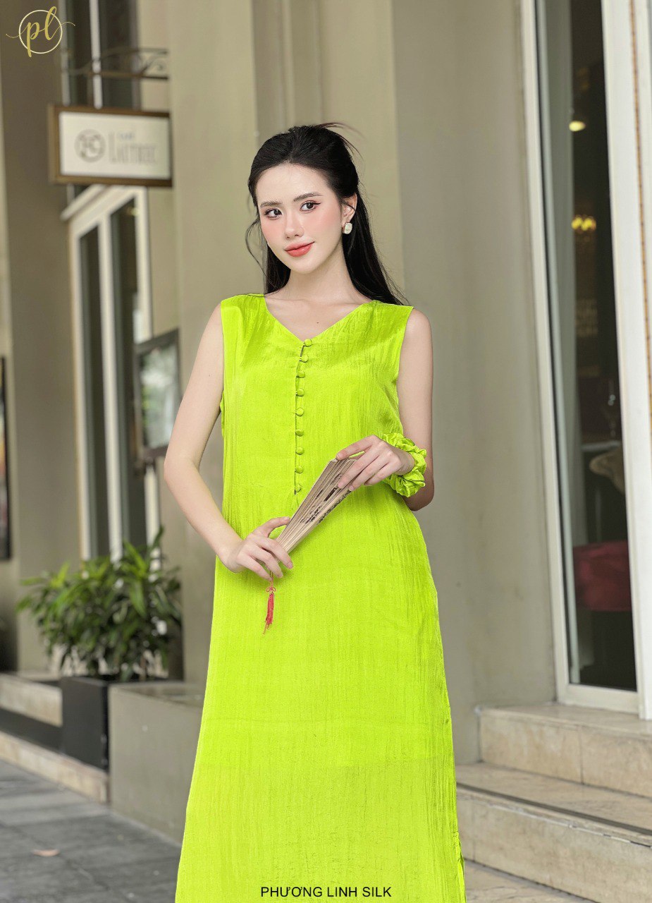 VÁY LỤA KHUY BỌC MÀU DÁNG DÀI 100% TƠ TẰM