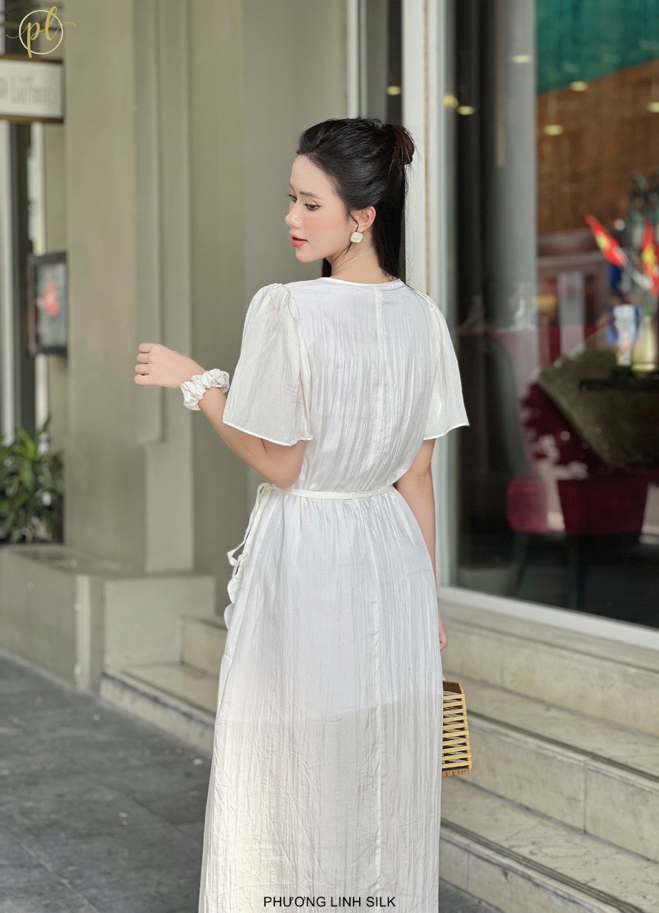 VÁY LỤA TAY BỒNG ĐAI 3 LÁ DÁNG DÀI 100% TƠ TẰM