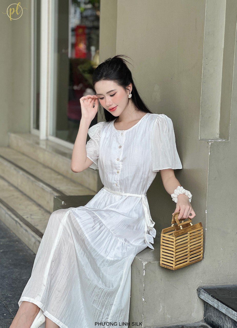 VÁY LỤA TAY BỒNG ĐAI 3 LÁ DÁNG DÀI 100% TƠ TẰM