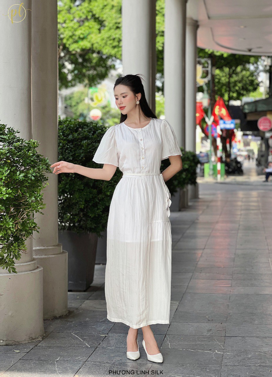 VÁY LỤA TAY BỒNG ĐAI 3 LÁ DÁNG DÀI 100% TƠ TẰM