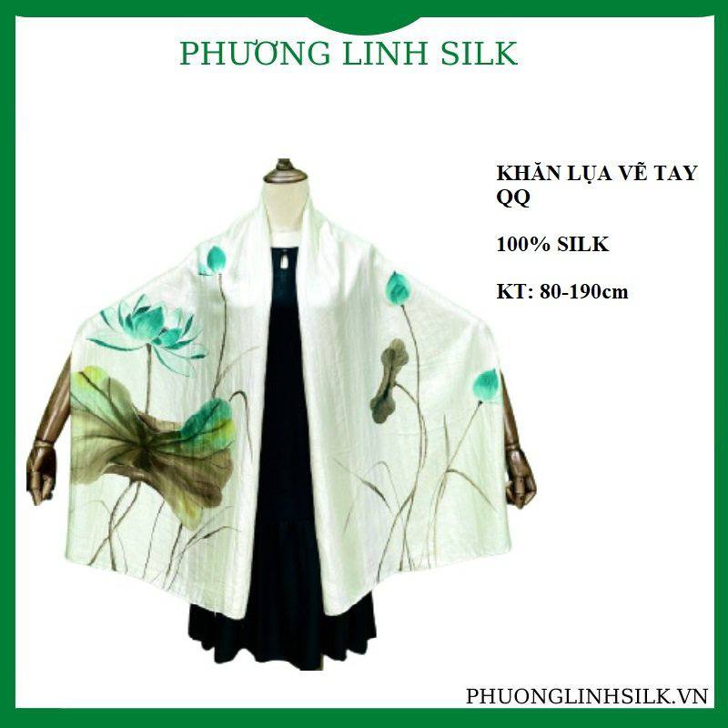 KHĂN LỤA VẼ MÀU NƯỚC NGHỆ THUẬT 100% TƠ TẰM HOA SEN QUỐC