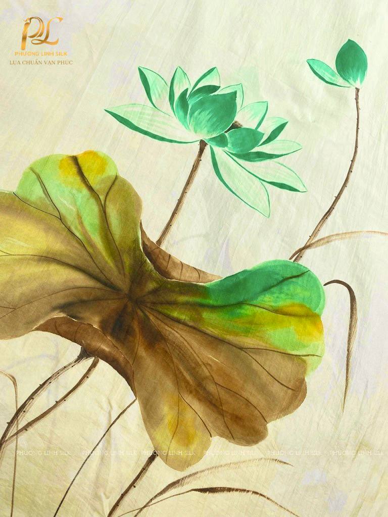 KHĂN LỤA VẼ MÀU NƯỚC NGHỆ THUẬT 100% TƠ TẰM HOA SEN QUỐC