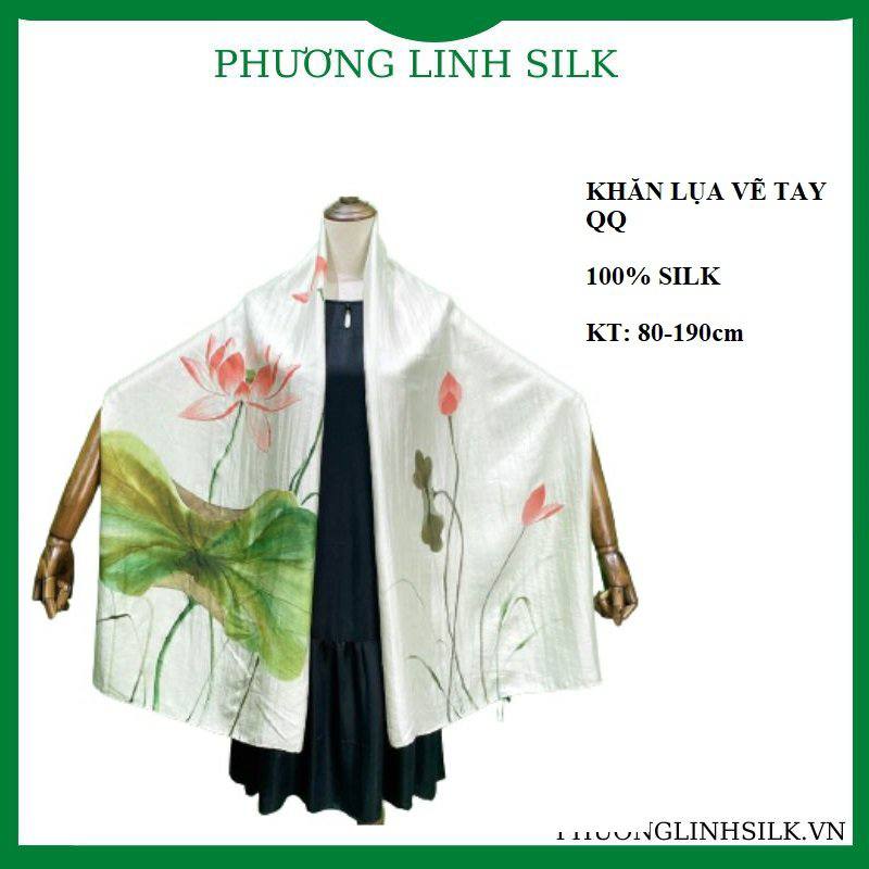 KHĂN LỤA VẼ MÀU NƯỚC NGHỆ THUẬT 100% TƠ TẰM HOA SEN QUỐC