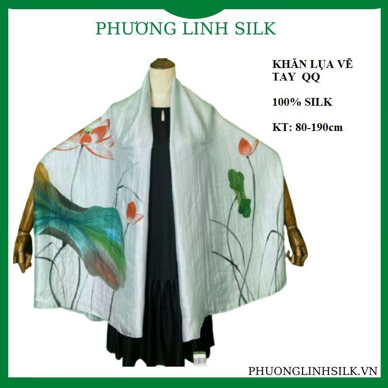 KHĂN LỤA VẼ MÀU NƯỚC NGHỆ THUẬT 100% TƠ TẰM HOA SEN QUỐC
