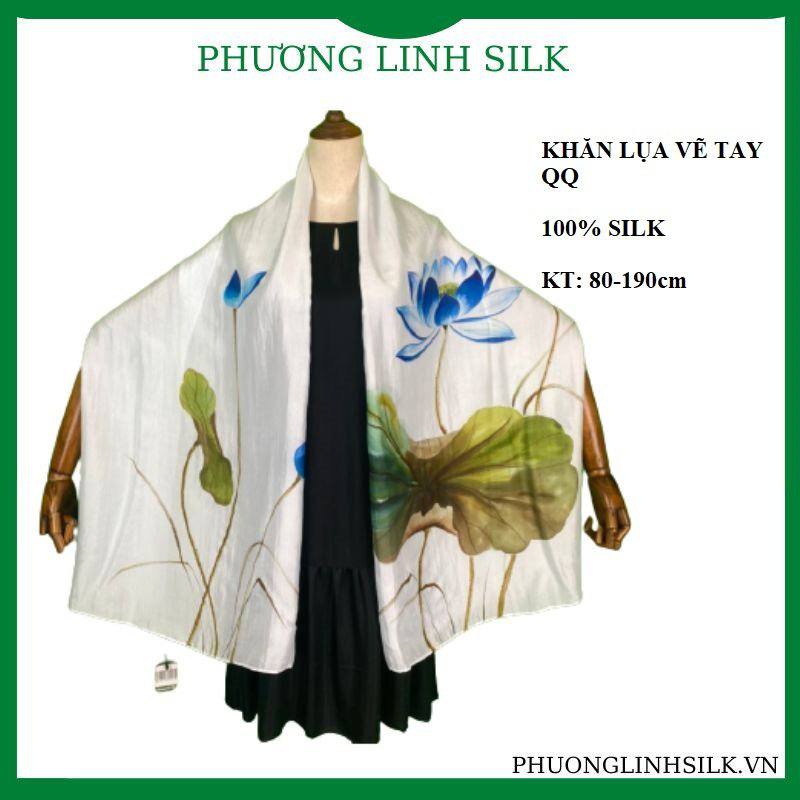 KHĂN LỤA VẼ MÀU NƯỚC NGHỆ THUẬT 100% TƠ TẰM HOA SEN QUỐC