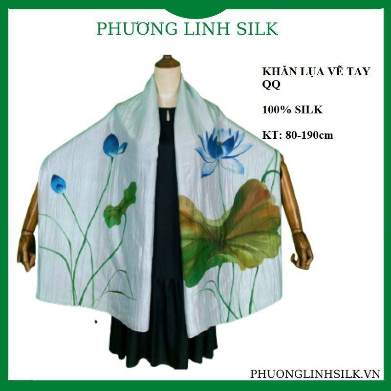 KHĂN LỤA VẼ MÀU NƯỚC NGHỆ THUẬT 100% TƠ TẰM HOA SEN QUỐC