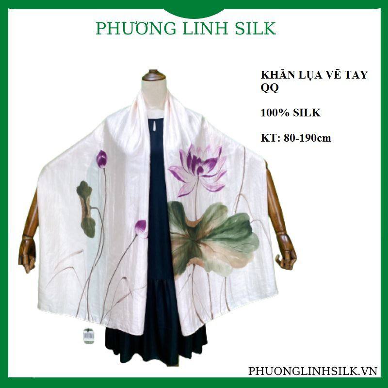 KHĂN LỤA VẼ MÀU NƯỚC NGHỆ THUẬT 100% TƠ TẰM HOA SEN QUỐC