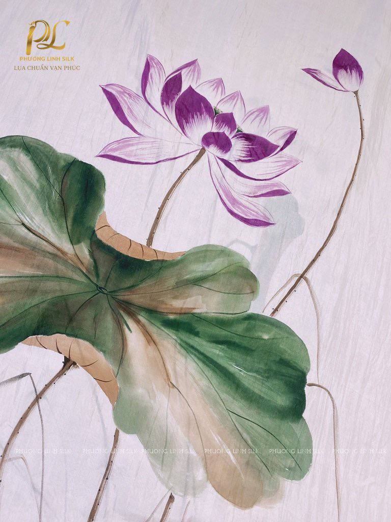 KHĂN LỤA VẼ MÀU NƯỚC NGHỆ THUẬT 100% TƠ TẰM HOA SEN QUỐC