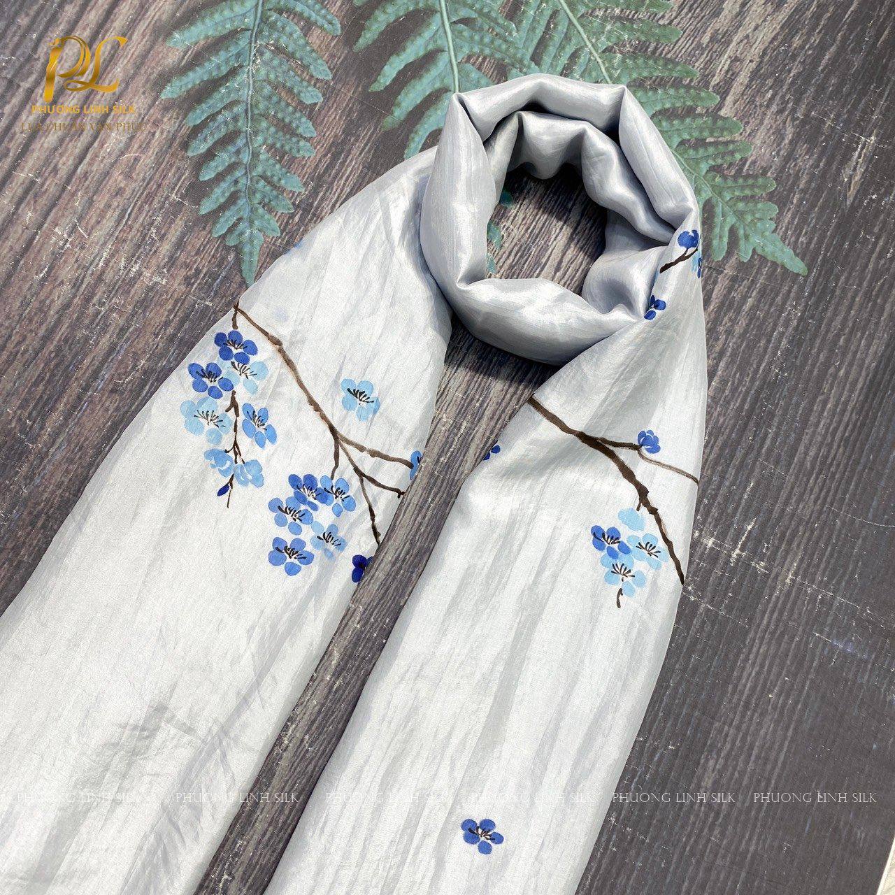 KHĂN LỤA VẼ MÀU NƯỚC NGHỆ THUẬT 100% TƠ TẰM HOA ĐÀO