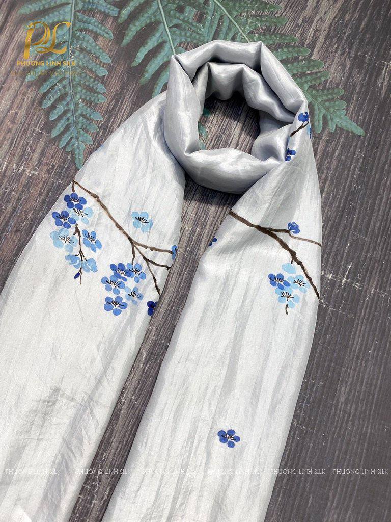 KHĂN LỤA VẼ MÀU NƯỚC NGHỆ THUẬT 100% TƠ TẰM HOA ĐÀO