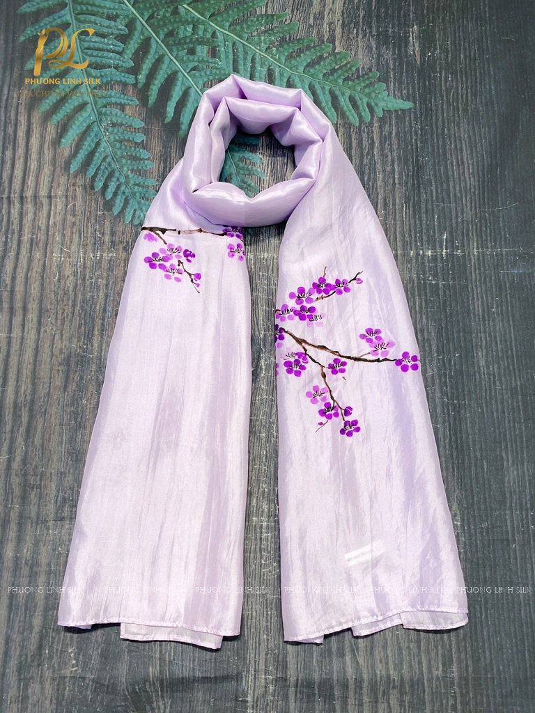 KHĂN LỤA VẼ MÀU NƯỚC NGHỆ THUẬT 100% TƠ TẰM HOA ĐÀO