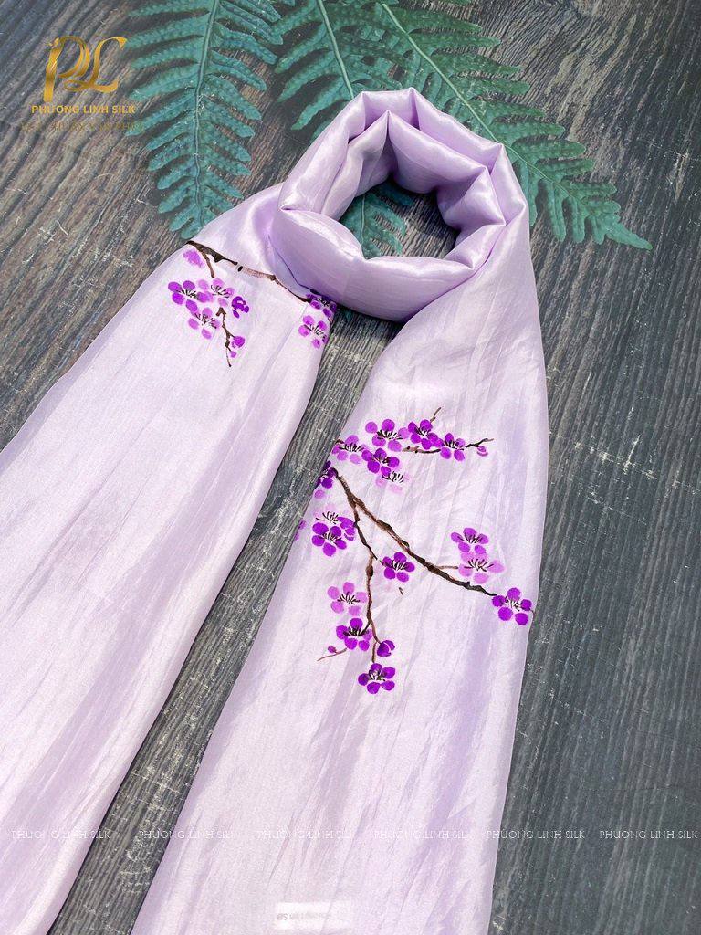 KHĂN LỤA VẼ MÀU NƯỚC NGHỆ THUẬT 100% TƠ TẰM HOA ĐÀO