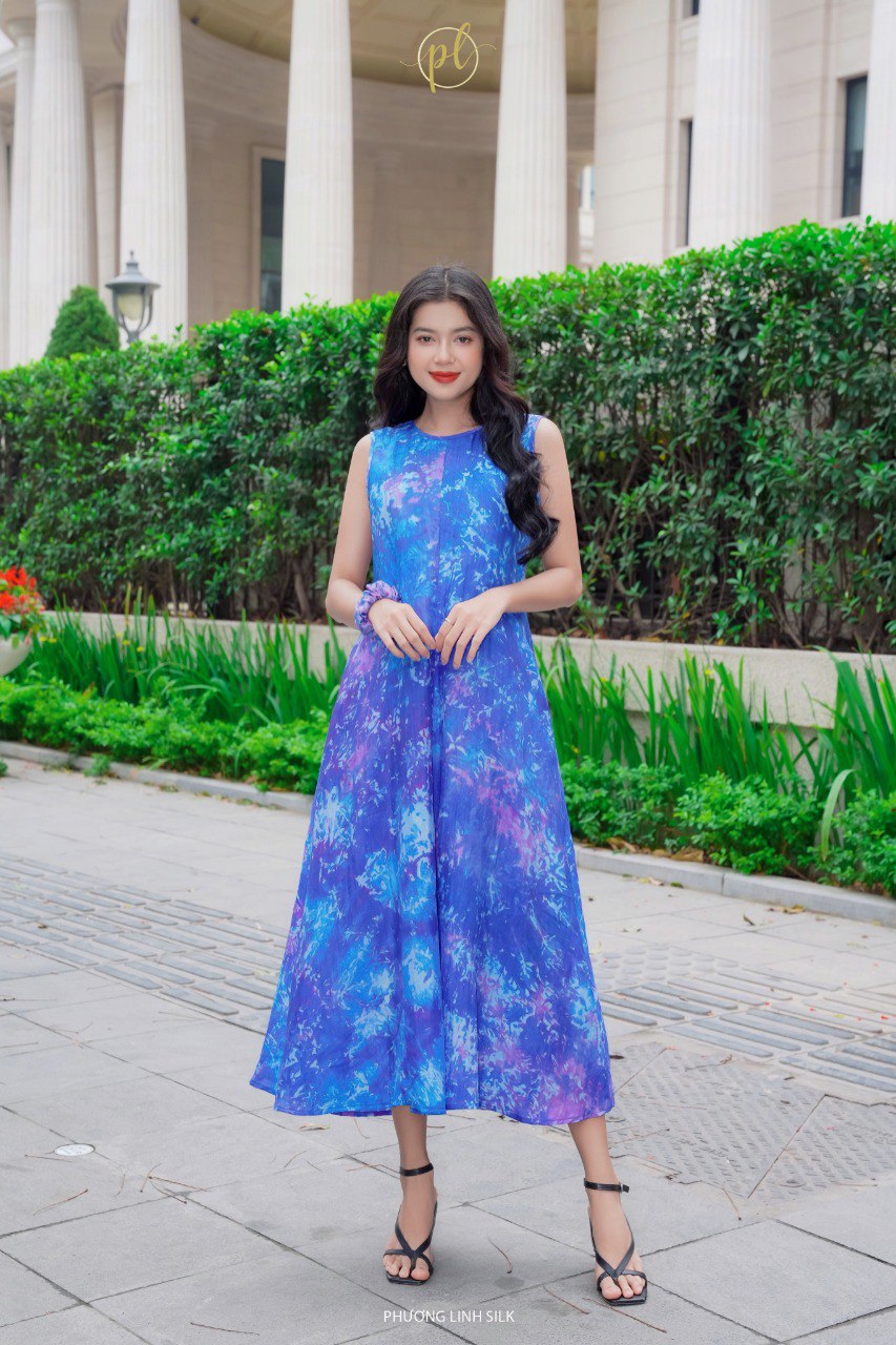 VÁY LỤA LOANG XANH MÀU DÁNG DÀI 100% TƠ TẰM