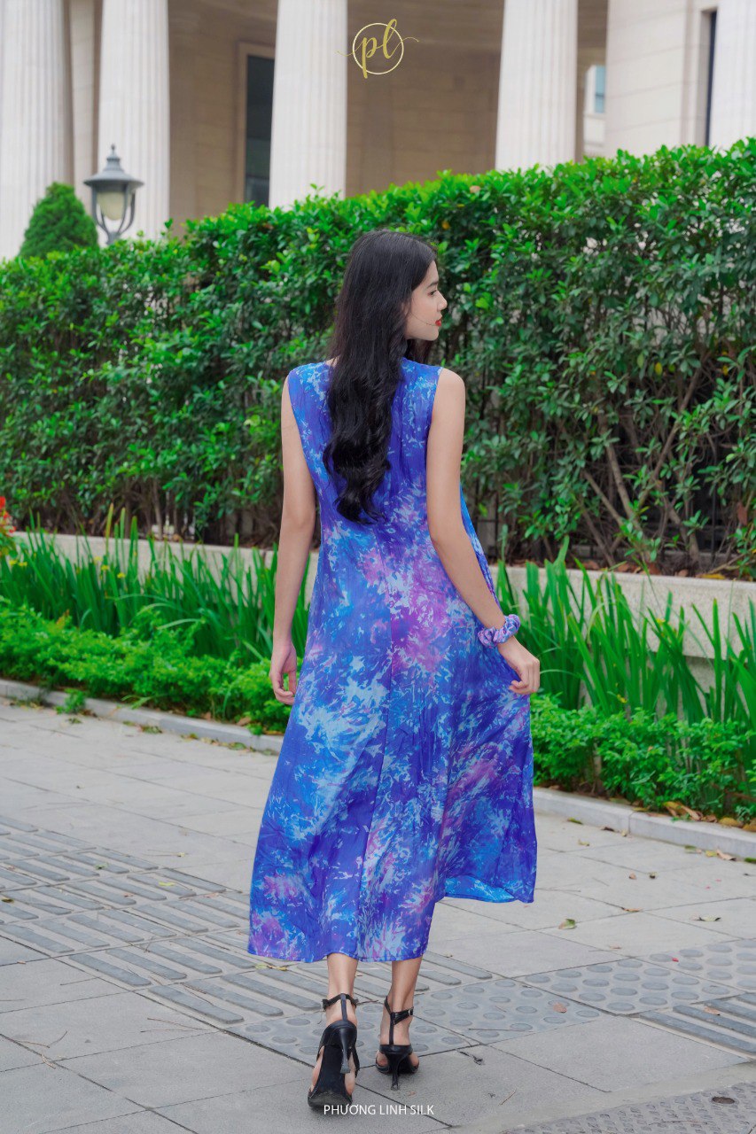 VÁY LỤA LOANG XANH MÀU DÁNG DÀI 100% TƠ TẰM