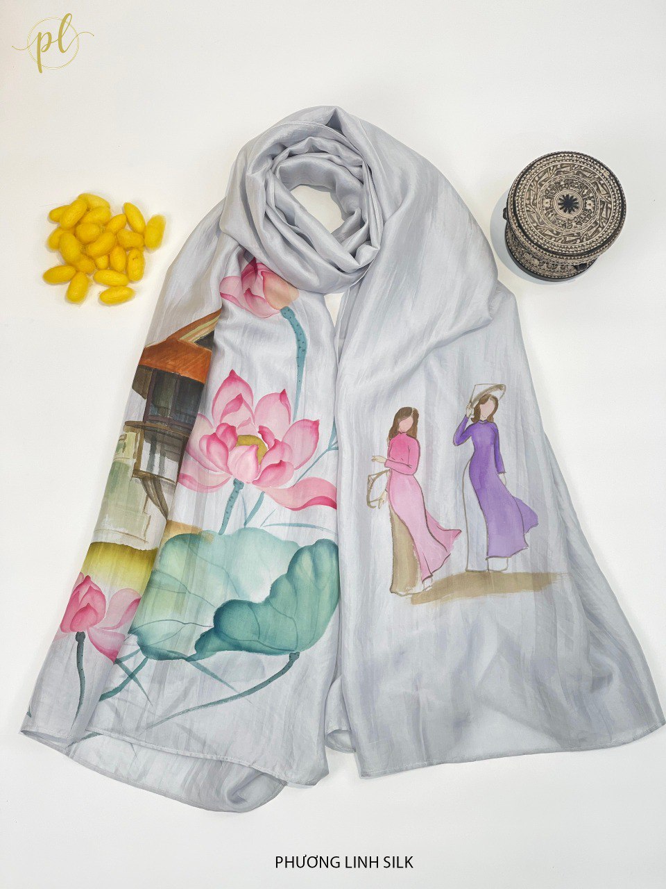 KHĂN LỤA VẼ MÀU NƯỚC NGHỆ THUẬT ĐỘC BẢN 100% TƠ TẰM PHONG CẢNH VIỆT NAM