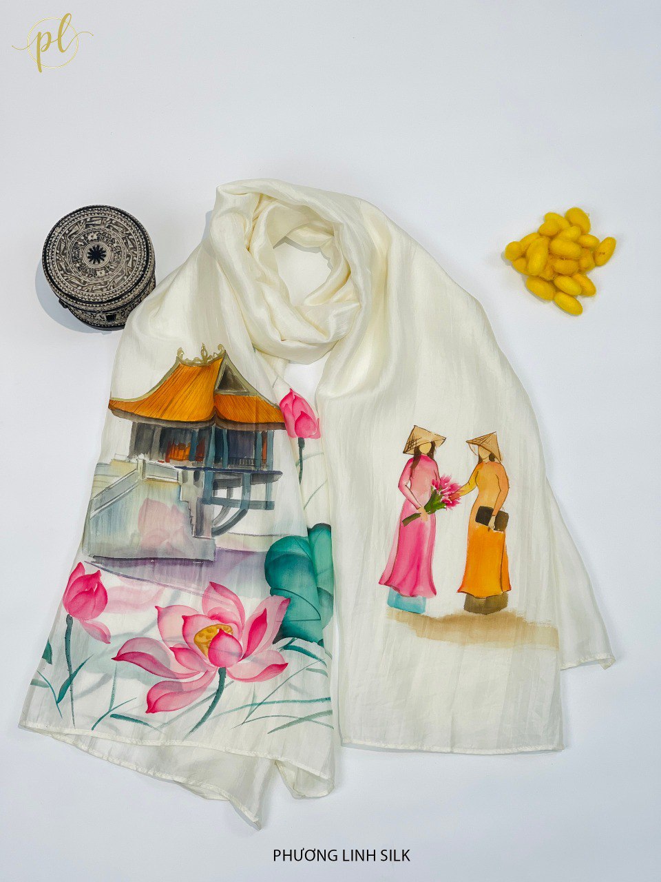 KHĂN LỤA VẼ MÀU NƯỚC NGHỆ THUẬT ĐỘC BẢN 100% TƠ TẰM PHONG CẢNH VIỆT NAM