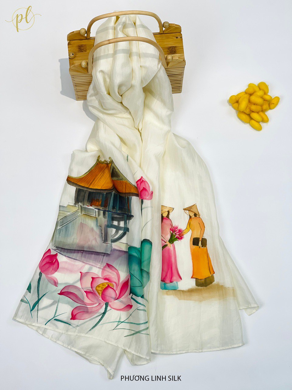 KHĂN LỤA VẼ MÀU NƯỚC NGHỆ THUẬT ĐỘC BẢN 100% TƠ TẰM PHONG CẢNH VIỆT NAM