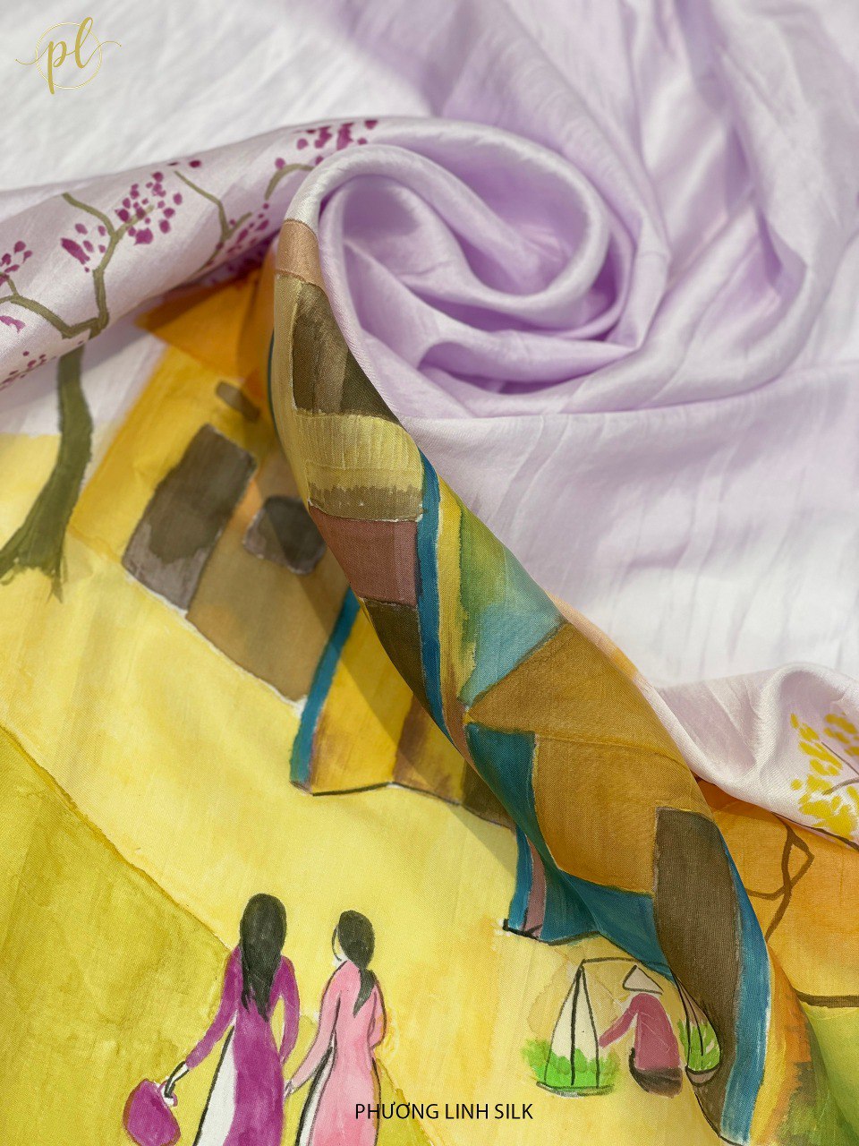 KHĂN LỤA VẼ MÀU NƯỚC NGHỆ THUẬT ĐỘC BẢN 100% TƠ TẰM PHỐ CỔ