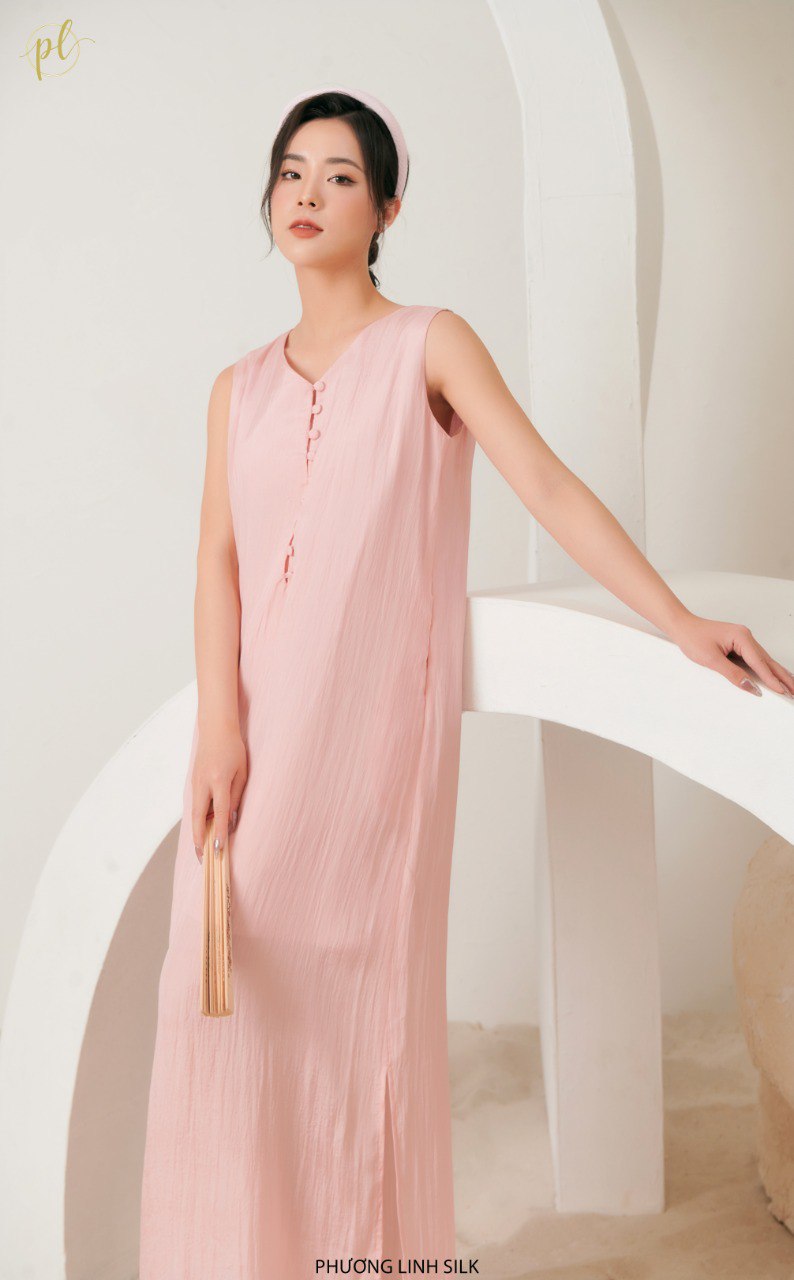 VÁY LỤA KHUY BỌC MÀU DÁNG DÀI 100% TƠ TẰM