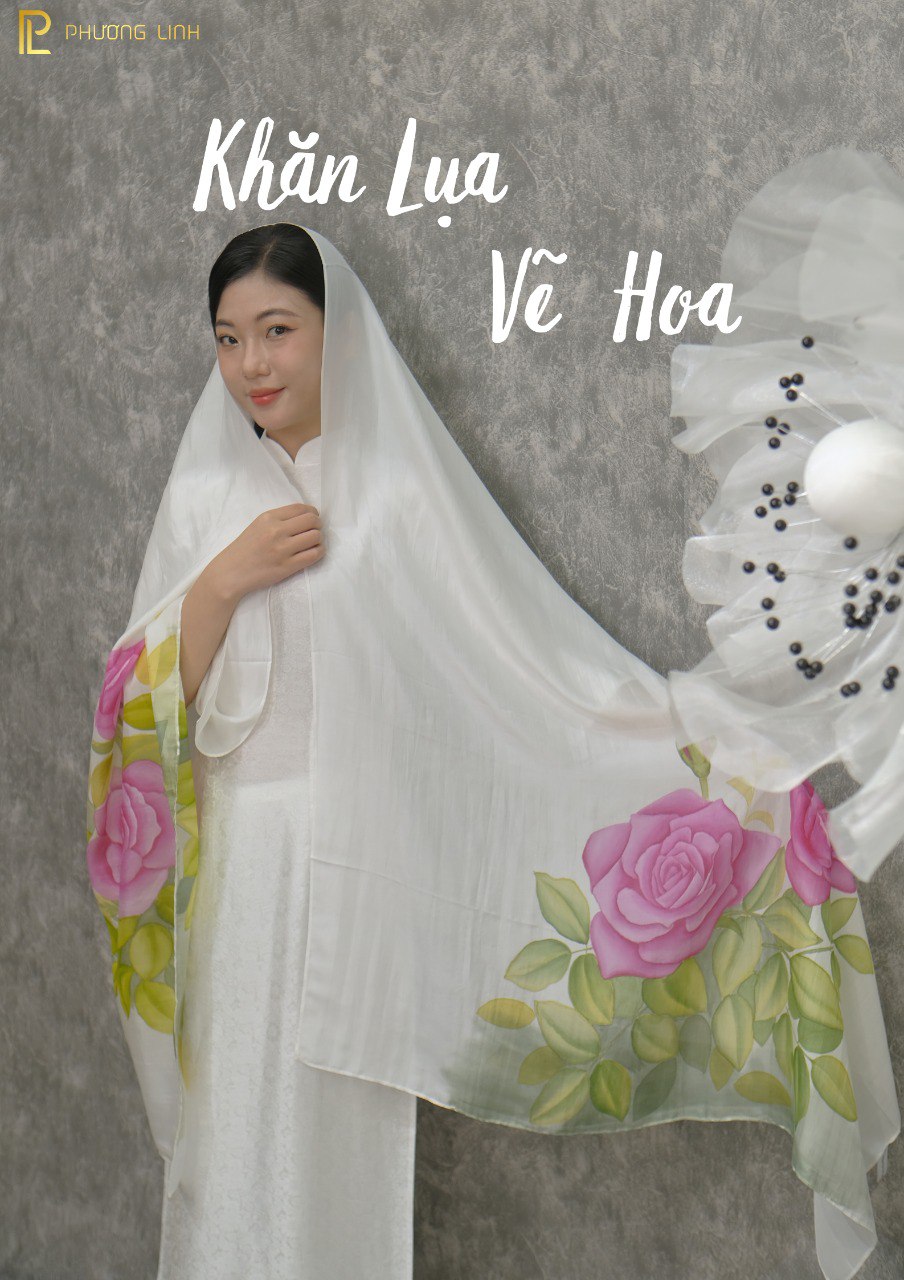 KHĂN LỤA VẼ MÀU NƯỚC NGHỆ THUẬT ĐỘC BẢN 100% TƠ TẰM HOA HỒNG