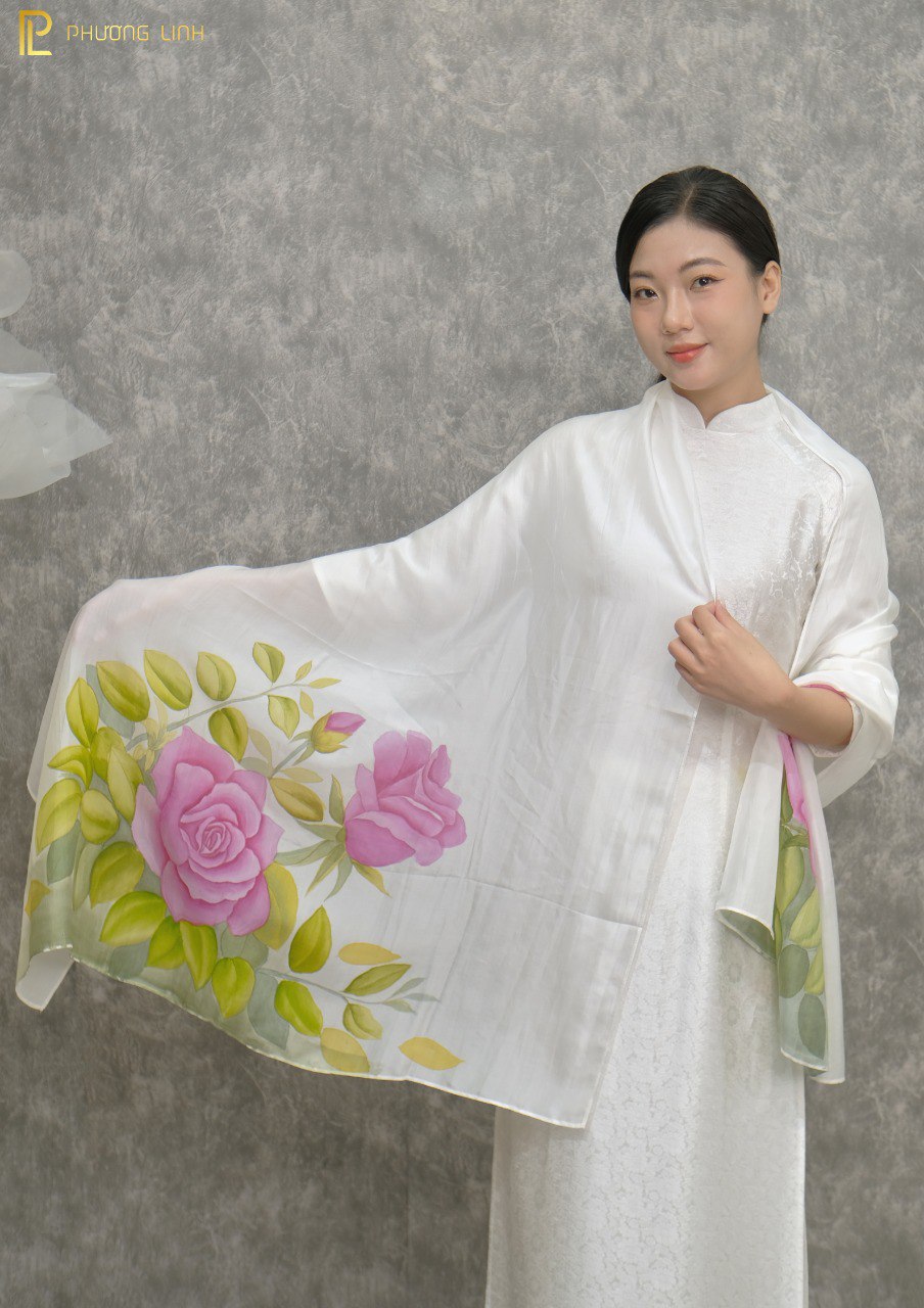 KHĂN LỤA VẼ MÀU NƯỚC NGHỆ THUẬT ĐỘC BẢN 100% TƠ TẰM HOA HỒNG