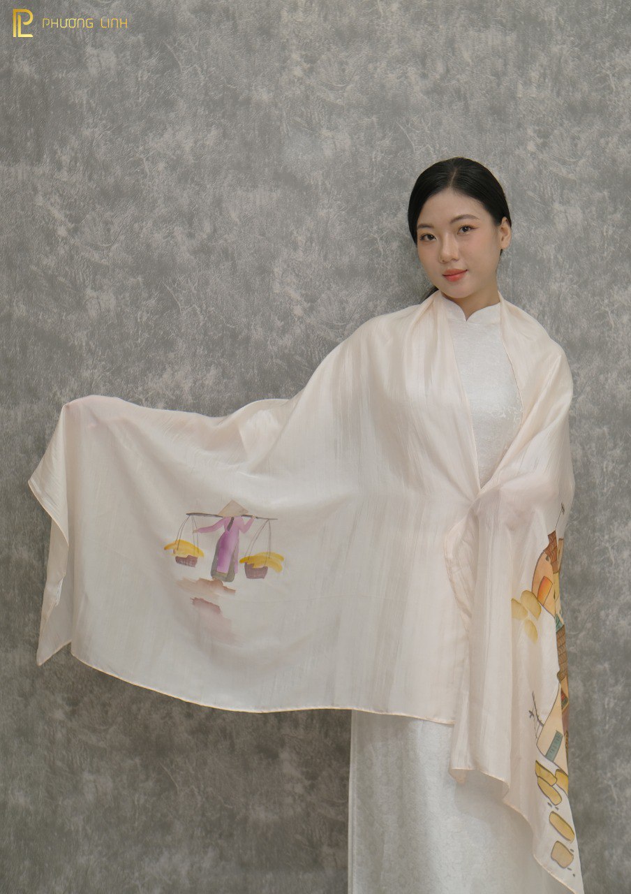 KHĂN LỤA VẼ MÀU NƯỚC NGHỆ THUẬT ĐỘC BẢN 100% TƠ TẰM PHỐ CỔ