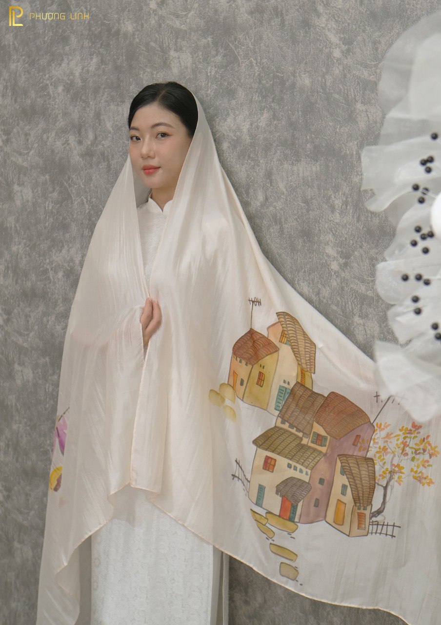 KHĂN LỤA VẼ MÀU NƯỚC NGHỆ THUẬT ĐỘC BẢN 100% TƠ TẰM PHỐ CỔ