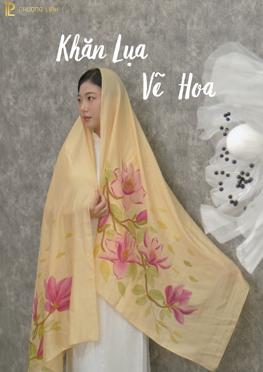 KHĂN LỤA VẼ MÀU NƯỚC NGHỆ THUẬT ĐỘC BẢN 100% TƠ TẰM HOA MỘC LAN