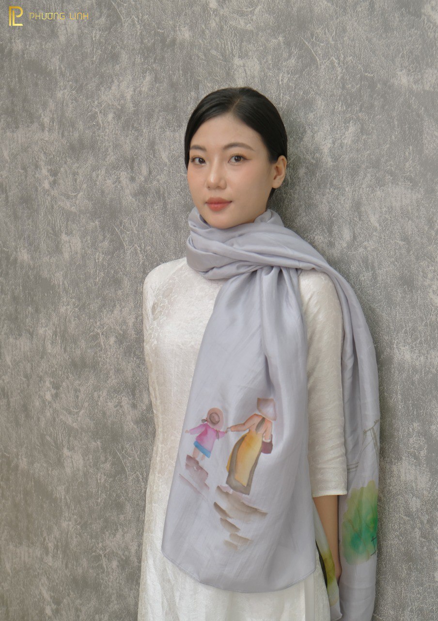 KHĂN LỤA VẼ MÀU NƯỚC NGHỆ THUẬT ĐỘC BẢN 100% TƠ TẰM PHỐ CỔ