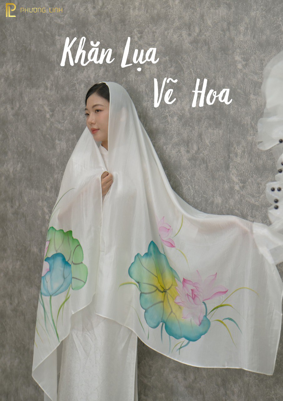 KHĂN LỤA VẼ MÀU NƯỚC NGHỆ THUẬT ĐỘC BẢN 100% TƠ TẰM HOA SEN QUỐC
