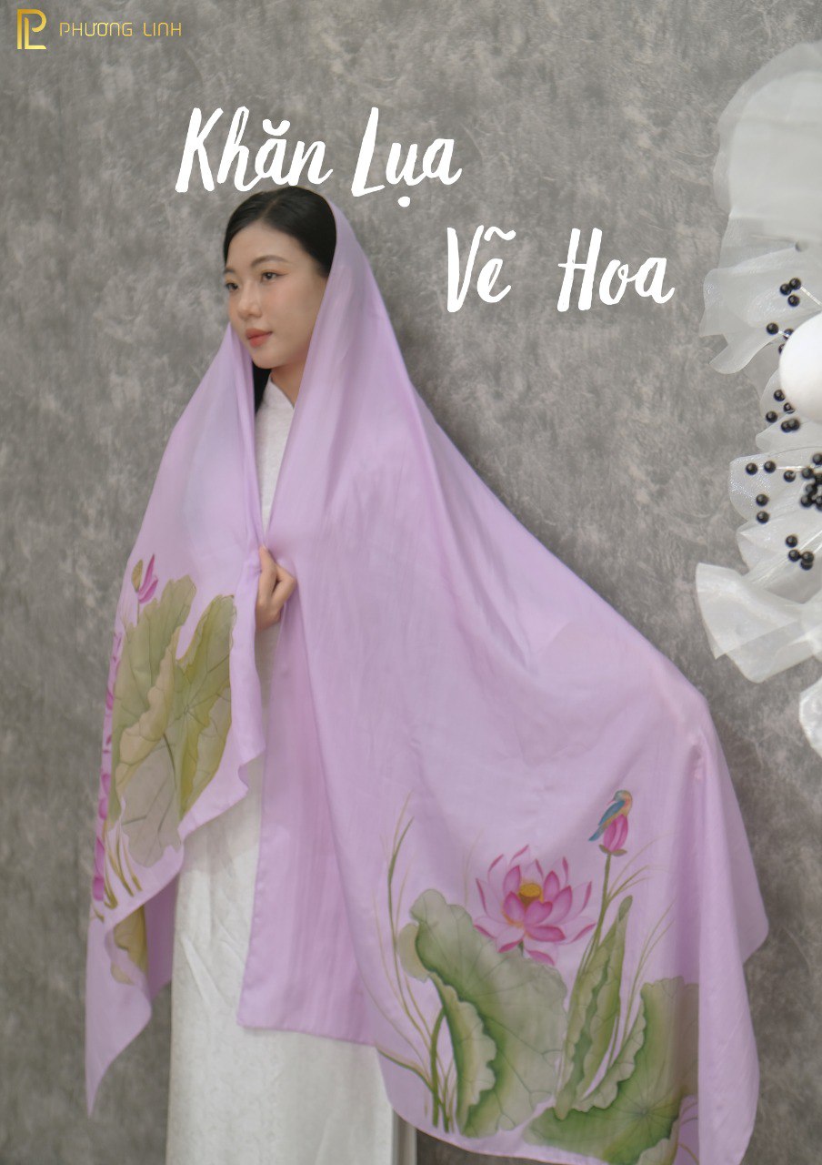 KHĂN LỤA VẼ MÀU NƯỚC NGHỆ THUẬT ĐỘC BẢN 100% TƠ TẰM HOA SEN QUỐC
