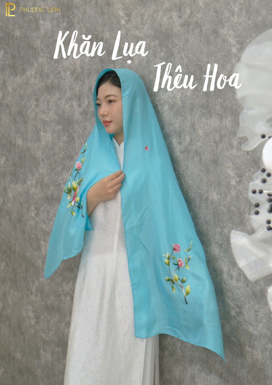 KHĂN LỤA TƠ TẰM THÊU TAY THỦ CÔNG CHỈ TƠ HOA HỒNG
