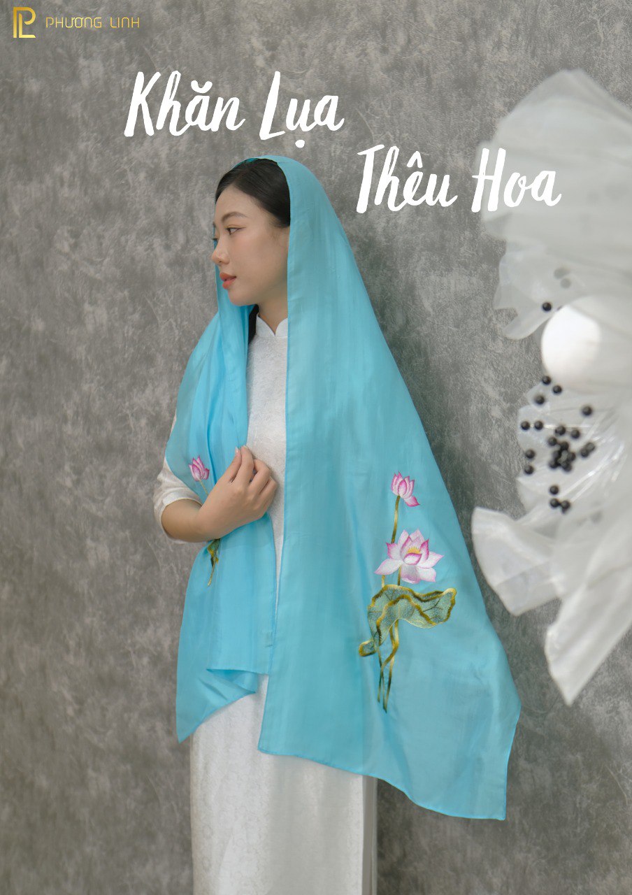 KHĂN LỤA TƠ TẰM THÊU TAY THỦ CÔNG CHỈ TƠ HOA SEN QUỐC