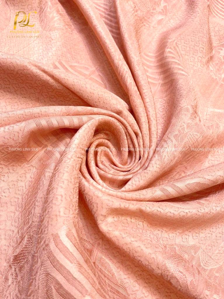 VẢI LỤA VÂN MÀU HÔNG PASTEL RỒNG THỌ 100% TƠ TẰM