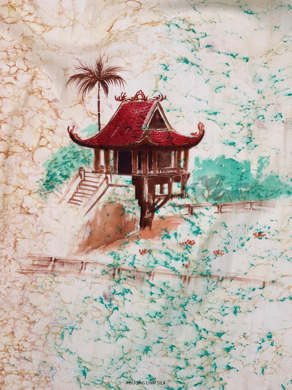 KHĂN LỤA TƠ TẰM VẼ TAY THỦY ẤN ĐỘC BẢN HOA SEN & CHÙA MỘT CỘT