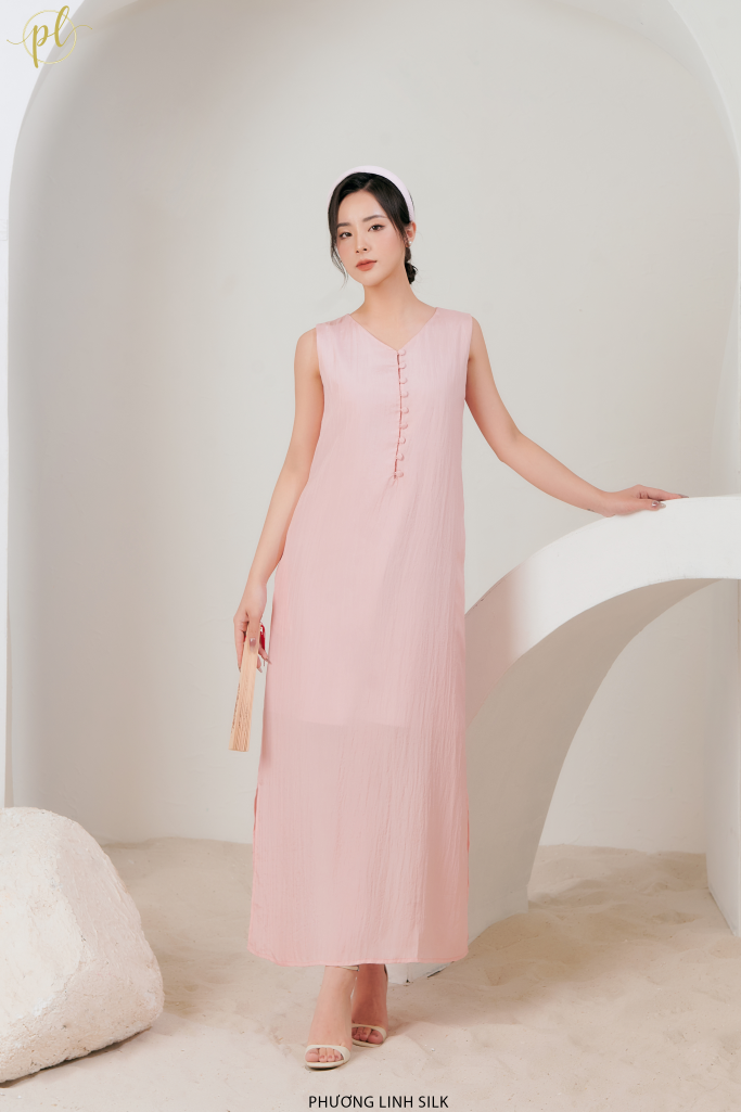 VÁY LỤA KHUY BỌC MÀU DÁNG DÀI 100% TƠ TẰM