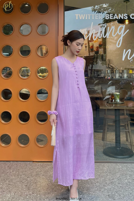 VÁY LỤA KHUY BỌC MÀU DÁNG DÀI 100% TƠ TẰM