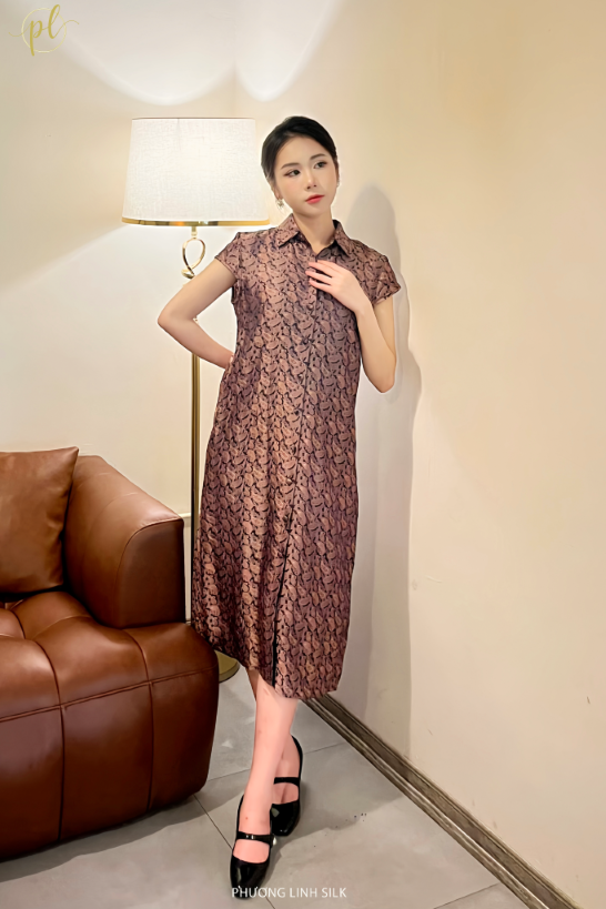 VÁY LỤA A CỔ SƠ MI BỌC LỤA NÂU CAM CÔNG