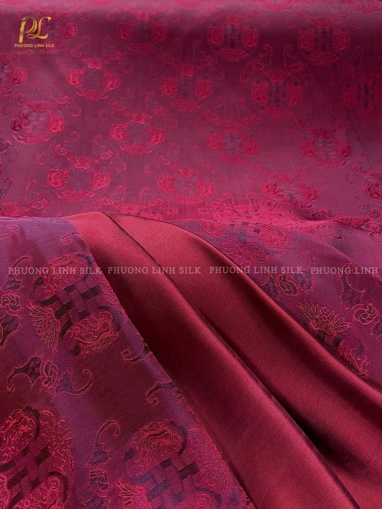 VẢI LỤA 2 DA NGŨ PHÚC THỌ DƠI ĐỎ MẬN