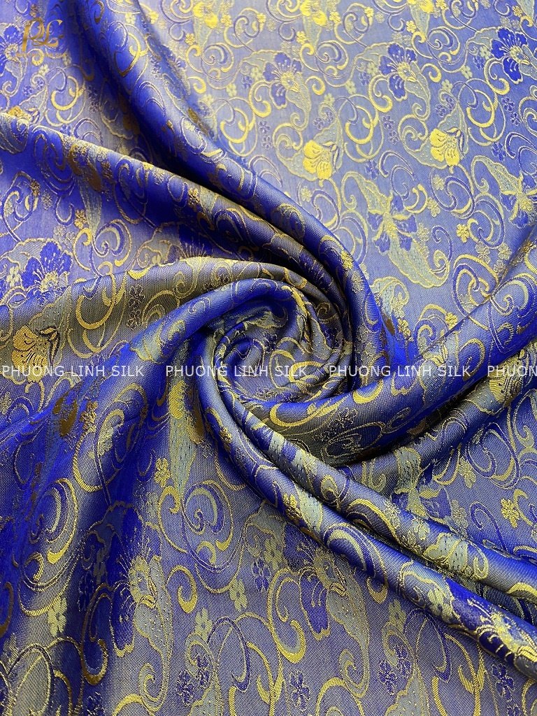 VẢI LỤA SATIN TƠ TẰM HOA BAN MÀU VÀNG ÁNH XANH