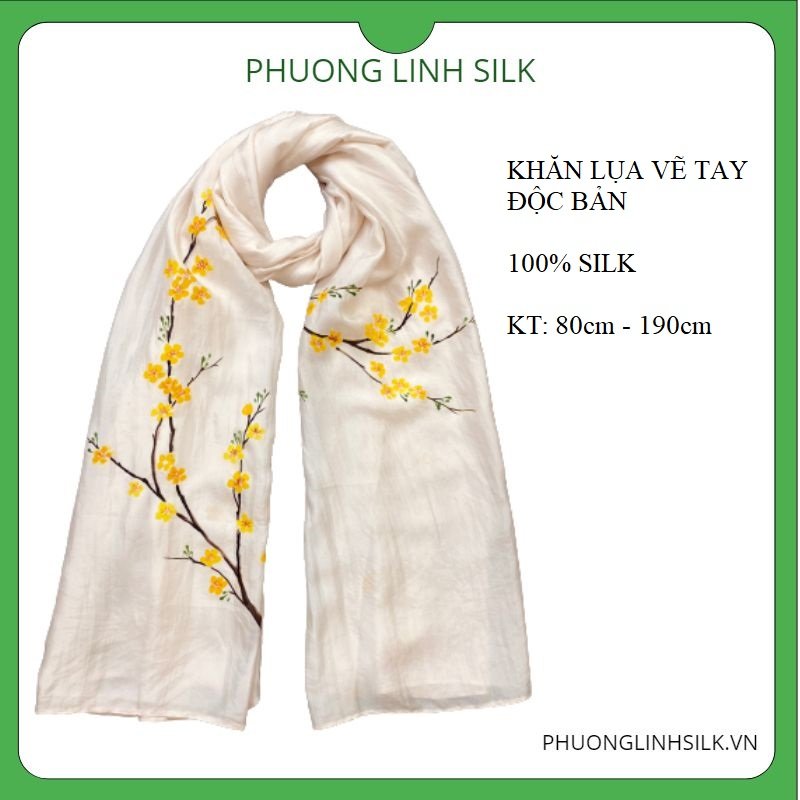 KHĂN LỤA VẼ MÀU NƯỚC 100% TƠ TẰM HOA MAI