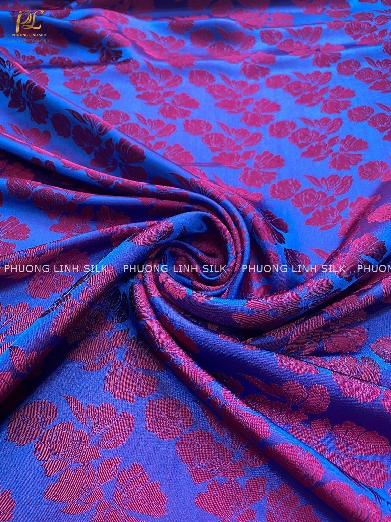 VẢI LỤA TƠ TẰM SATIN HOA BÈO MÀU XANH HỒNG